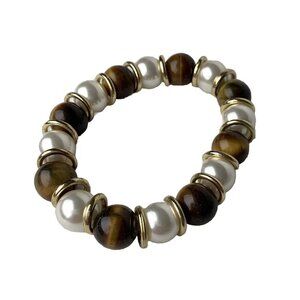 Tiger Eye Faux Pearl Stretch Bracelet Beaded Acrylic Brown